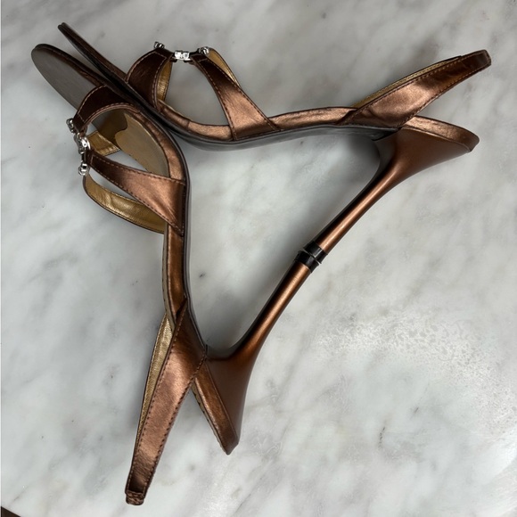 BCBG Brown Strappy Heels with Rhinestone Ring Detail - Picture 5 of 9